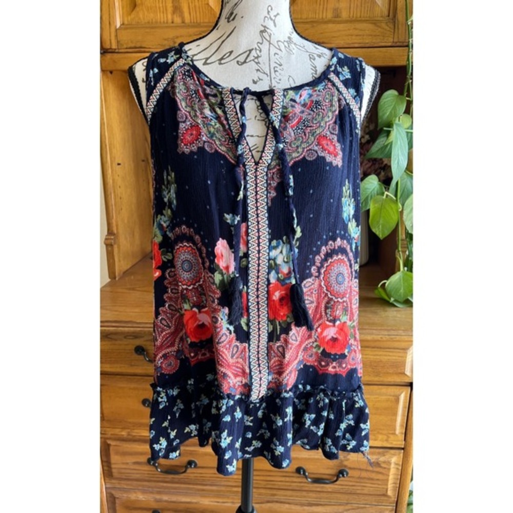 Bila Women's Boho Floral Paisley Tassel Tie Sleeveless Ruffle Tank Top Small